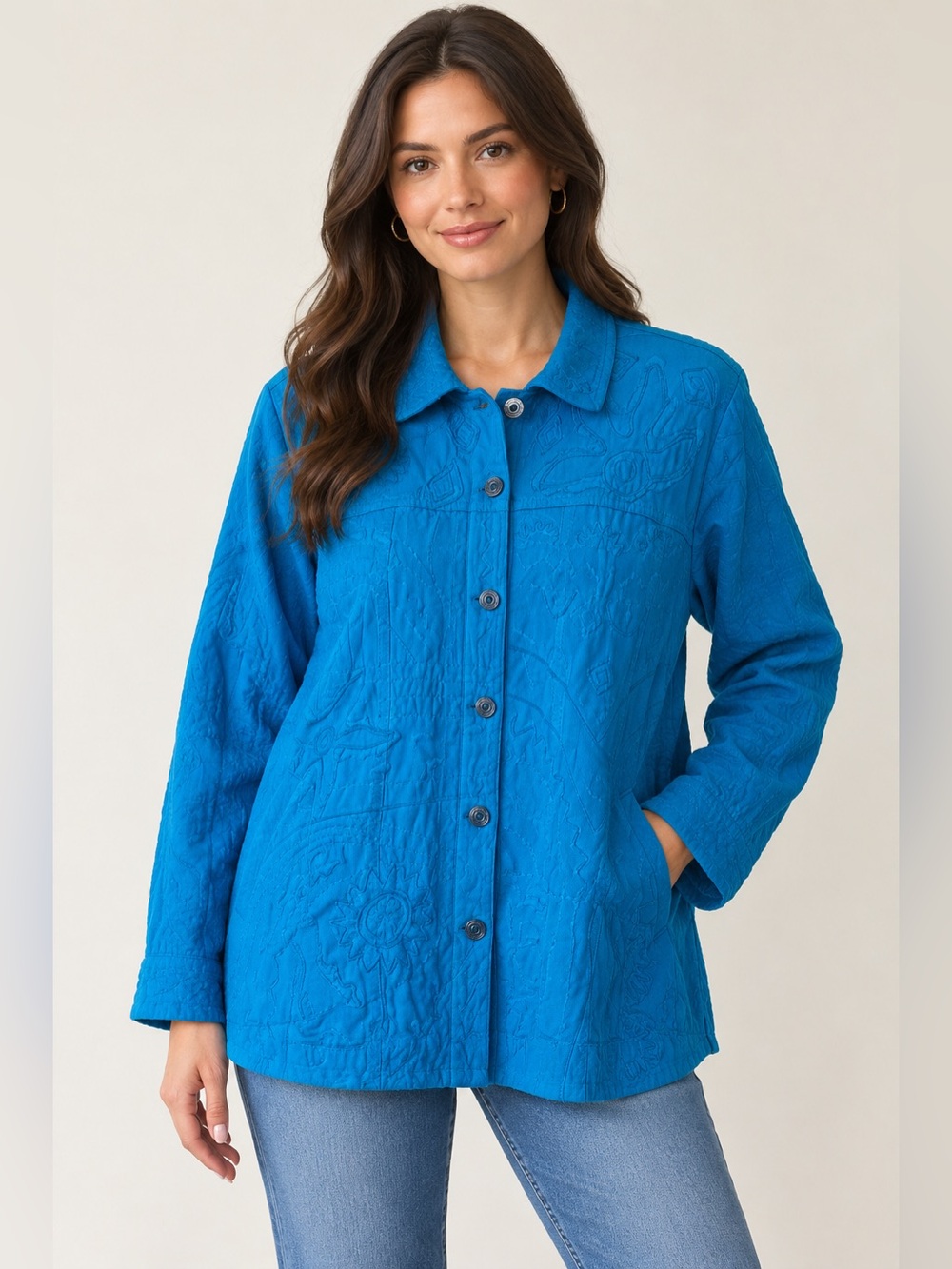 Chico's 100% Cotton Size XL Embroidery Vibrant Teal Blue Button-Front Jacke